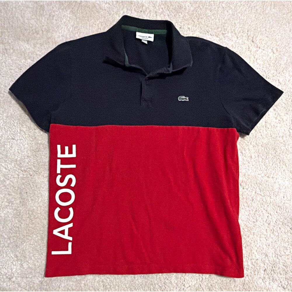 Lacoste Mens L Navy Red Colorblock Polo Shirt Short Sleeve Regular Fit Logo